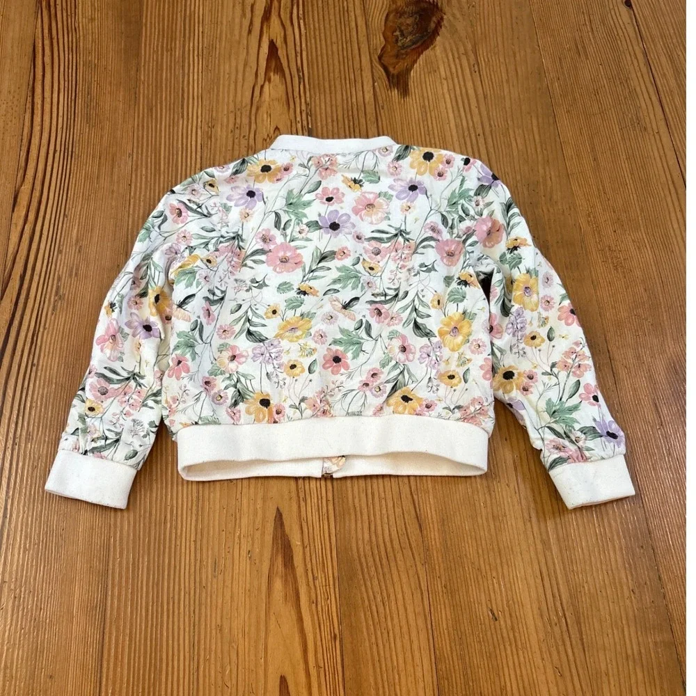 H&M Bomber Jacket Kids White Floral‎ Print Zip Up Lightweight SIZE 5-6Y